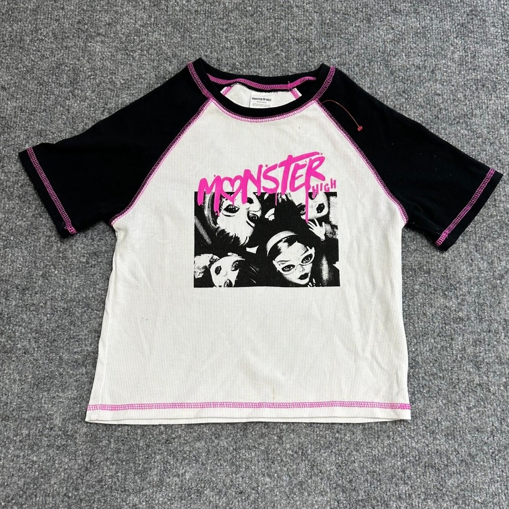 Monster High T-Shirt Womens Size S White Raglan Ribbed Graphic Baby Tee Stain